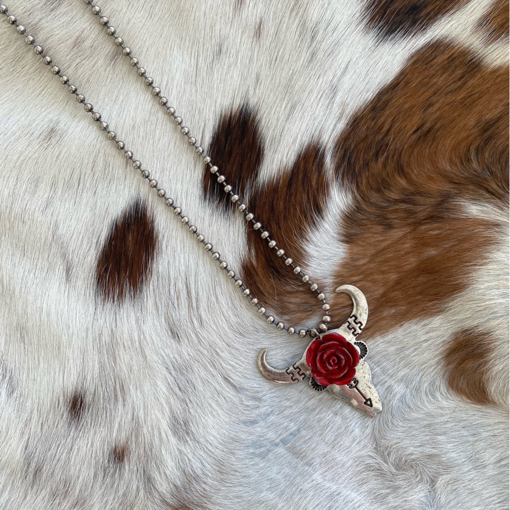 Western Silver Steer Head Rose Necklace